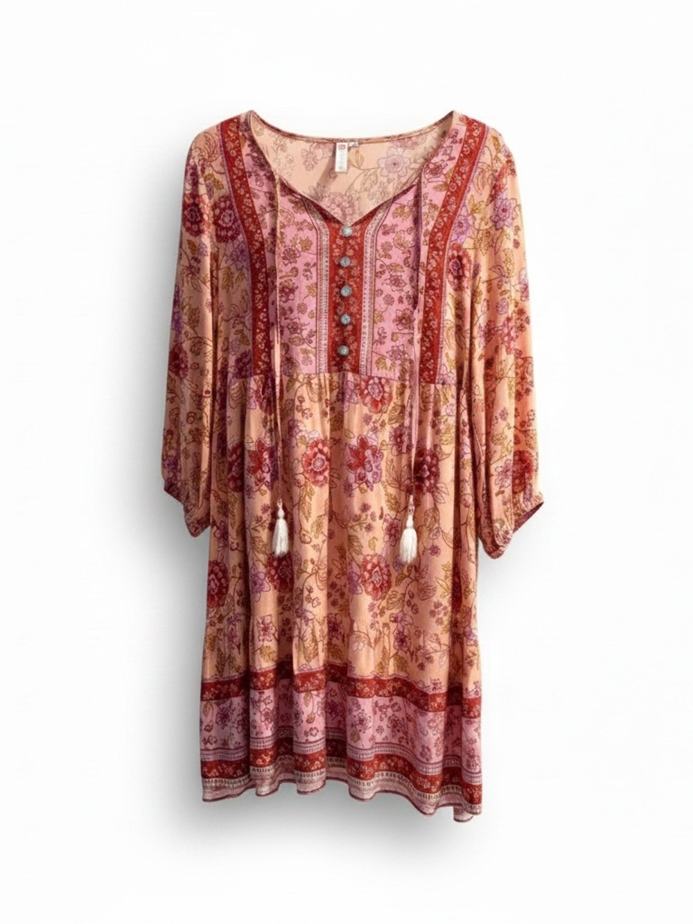 Boho 100% linen floral with tassels elastic sleeves pleated front. Thin and cool